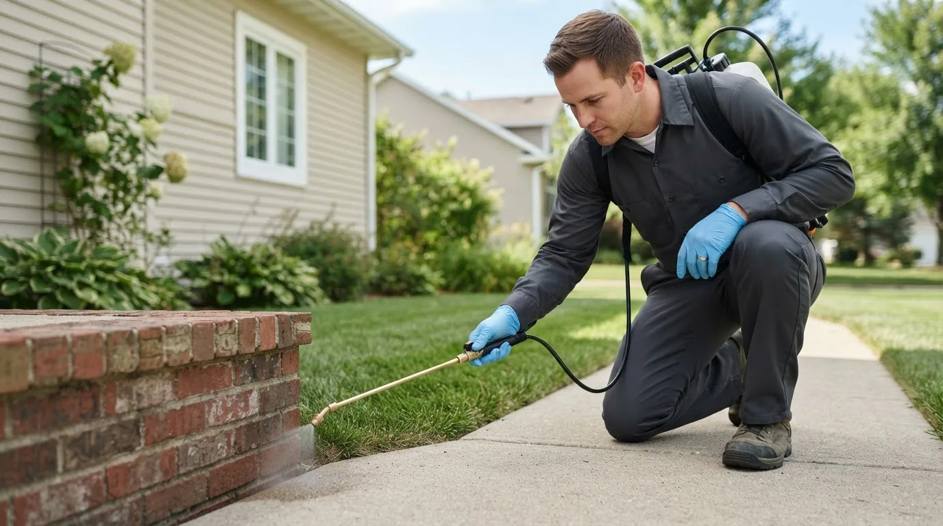Pest control technician treating a home near Porter Ranch, CA
